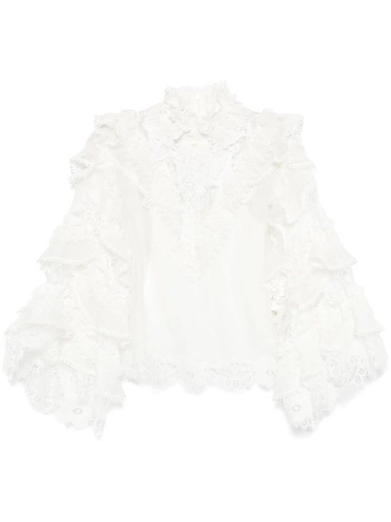 Zimmermann Tops - Zimmermann Crush Lace-Trimmed White Ruffle Linen-Silk High-neck Top